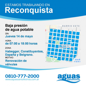 Lee más sobre el artículo Este jueves disminuirá la presión de agua potable en barrio Sarmiento