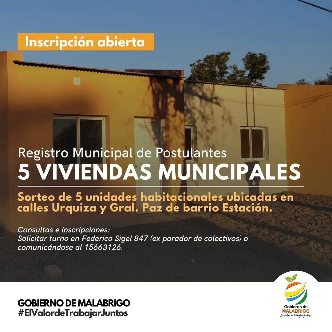 Lee más sobre el artículo Inscripción de postulantes para el sorteo de 5 viviendas municipales en Malabrigo