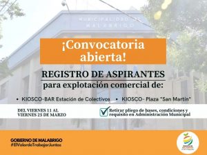 Lee más sobre el artículo Convocatoria: registro de aspirantes para explotación comercial del kiosco-bar de la estación de colectivos y del kiosco plaza en Malabrigo