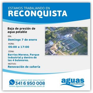 Lee más sobre el artículo Disminución temporal en la presión de agua potable en Reconquista