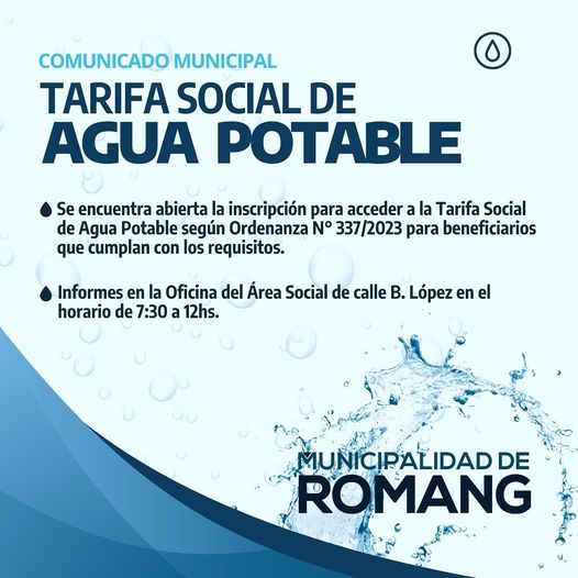 Lee más sobre el artículo La Municipalidad de Romang abre la inscripción para la Tarifa Social de Agua Potable