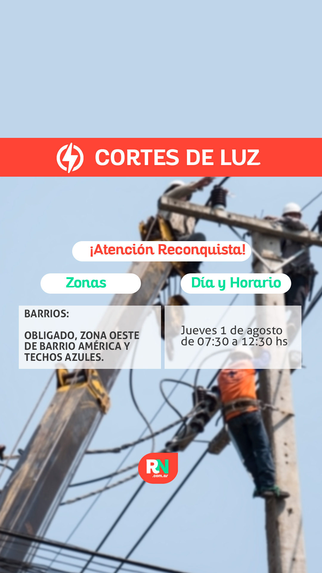 Lee más sobre el artículo Corte de energía para mañana jueves en barrio de Reconquista