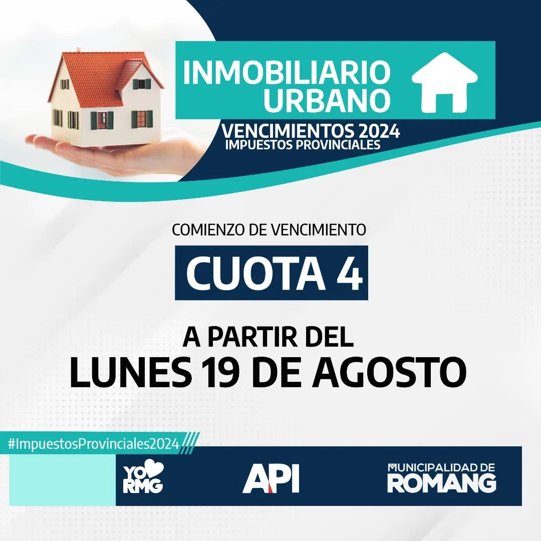 Lee más sobre el artículo La Municipalidad de Romang informa sobre el vencimiento de la cuota 4 del Impuesto Inmobiliario Urbano