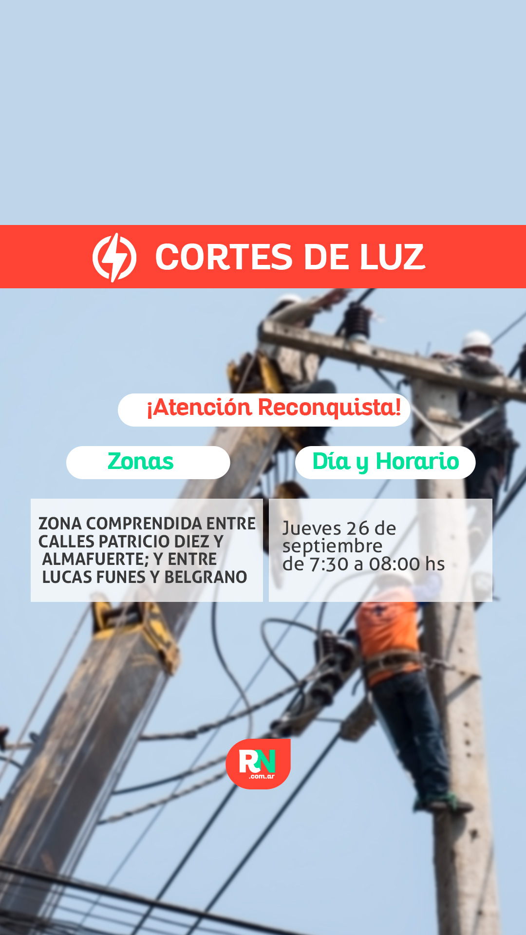 Lee más sobre el artículo Anuncian corte de energía para el jueves 26 de septiembre en un sector de Reconquista