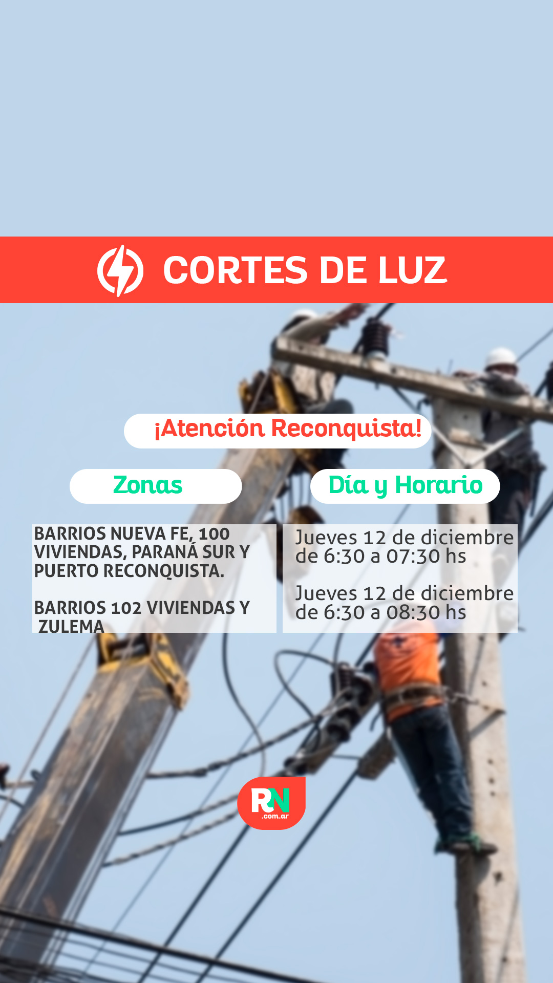 Lee más sobre el artículo Corte de Energía programado en barrios de Reconquista