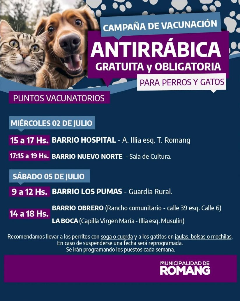 Continúa la Vacunación Antirrábica 2025 en Romang: puntos vacunatorios para esta semana