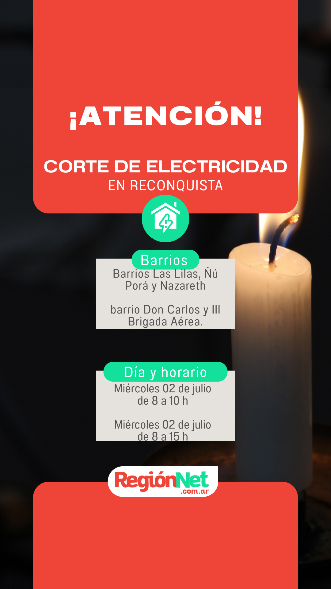 Corte programado de energía en Reconquista por trabajos de mantenimiento