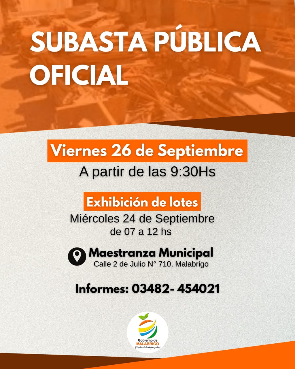 Lee más sobre el artículo Subasta oficial en Malabrigo: la Municipalidad rematará bienes en desuso