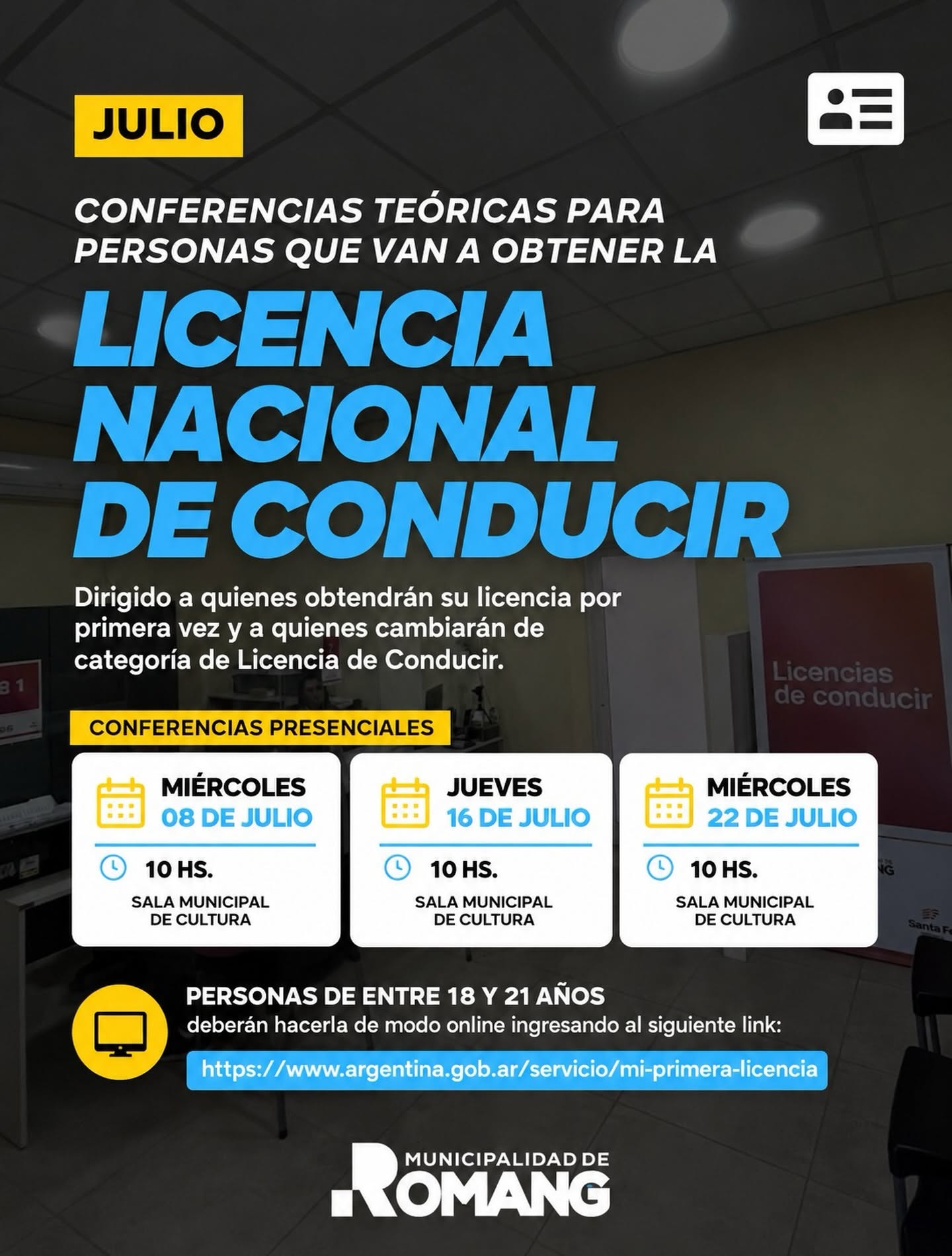 La Municipalidad de Romang realizará jornadas teóricas para la obtención de la Licencia Nacional de Conducir