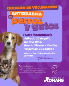 La Municipalidad de Romang lanza una nueva jornada de vacunación antirrábica gratuita para perros y gatos